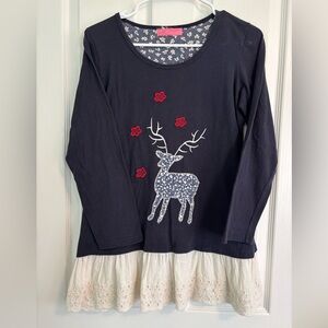 Kawaii embroidered deer and flower navy tunic with cream lace 🤍🦌